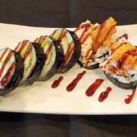 Spider Roll · Deep fried soft shell crab meat with avocado, cucumber topped with sweet sauce.