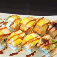 Baked Salmon Roll · California roll topped with baked salmon, Japanese mayonaise and sweet sauce.
