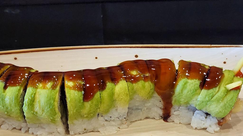 Caterpillar Roll · Baked eel and cucumber topped with avocado.