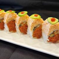 Panic Roll · Hot. Spicy tuna topped with spicy crabmeat, jalapeno and hot sauce.