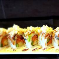 Spicy Dragon Roll · Hot. Shrimp tempura, spicy tuna, jalapeno topped eel, spicy sauce, and avocado crispy tempur...
