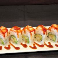 Berry Berry Strawberry Roll · Cucumber, avocado, shrimp,  on top crab meat and strawberry , eel sauce