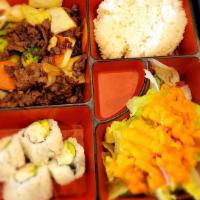 Bulgogi (Beef) Bento · Thinly sliced tender beef rib eye marinated in Korean style sweet sauce served with rice. Se...