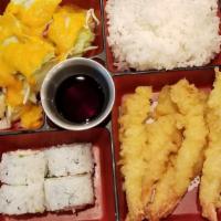 Tempura Bento · 5 pcs shrimp tempura with steamed rice. Served with four pieces cali roll, house salad, and ...
