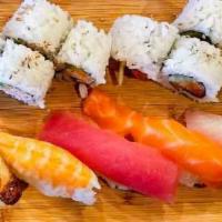 Sushi Combo C · 4 pcs California roll, 4 pcs spicy tuna roll, 1 tuna, 1 salmon, 1 shrimp, 1 white tuna, 1 eel.