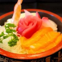 Sashimi Bowl · Salmon, tuna, red snapper, white tuna, and sushi rice.