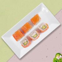 Salmon Flame Roll · Eight pieces of spicy salmon and cucumber roll.