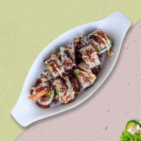 Shrimp Crunch Roll · Shrimp tempura, masago, avocado, crabmeat, and eel sauce.