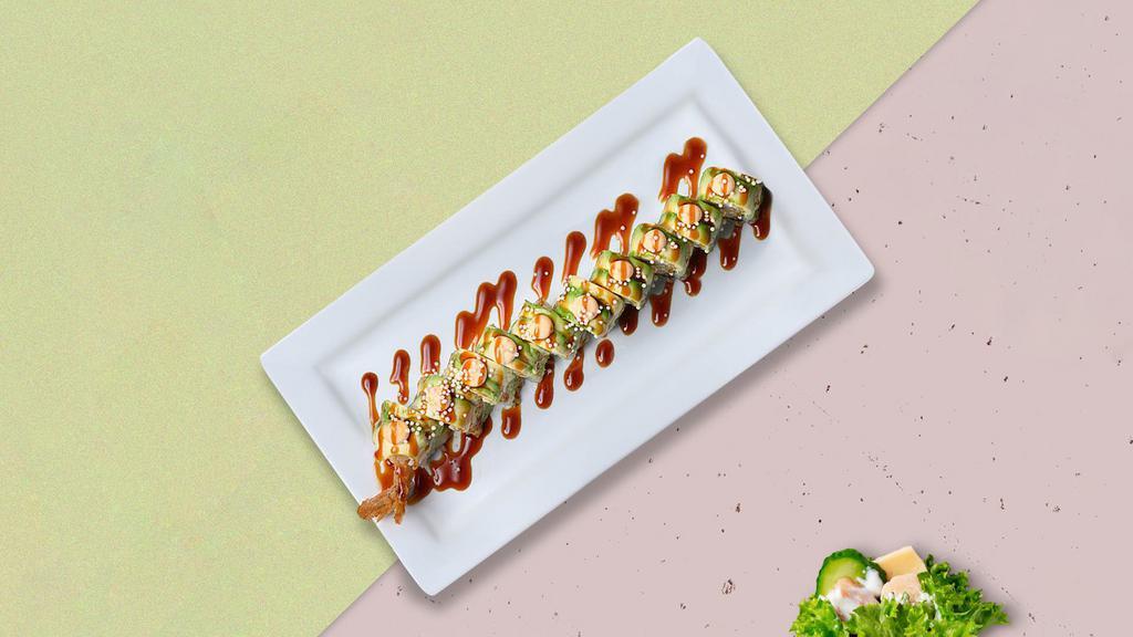 Dragon Rouje Roll · Shrimp tempura, cucumber topped with spicy tuna, crunch, masago, scallion, eel sauce and spicy mayo sauce.