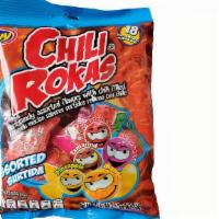 Jovy - Chili Rokas - 5.07 Oz. · Hard candy assorted flavors with chili filling.

Flavors include:
- Pineappple
- Mango
- Tam...