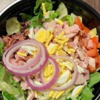 Chef · Spring mix, tomatoes, cucumbers, egg, ham, turkey, cheddar & swiss cheese, and croutons.