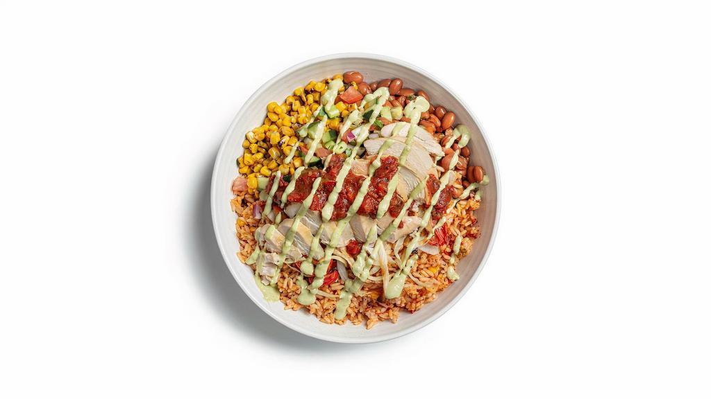 Durango Bowl · Rotisserie chicken breast, ranchero beans, Spanish rice, a mix of fresh and roasted tomatoes, roasted corn, onions and cucumber with salsa and creamy avocado sauce.