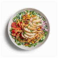 Southwest Salad · Chopped greens, rotisserie chicken, ranchero beans, sweet corn, grape tomatoes, red onions, ...