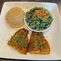 2 Blackened Fish · Serve w Kale Salad/ Choice of French Fries or Fried Rice