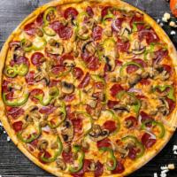Super Supreme · Pizza sauce, mozzarella cheese, pepperoni, mushroom, green pepper, red onion, black olive, g...