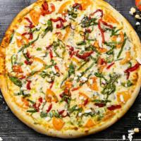 Calling All Veggies · Pizza sauce, mozzarella cheese, spinach, green and red pepper, black olive and cheese baked ...
