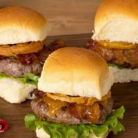Bacon Cheeseburger Slider · Juicy beef patty with crispy bacon, melted cheddar cheese, lettuce, tomato, onion, pickles, ...