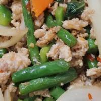 Thai Boy Rice Bowl · Ground chicken stir fried in our hot basil sauce with onion, bell pepper, green bean, carrot...