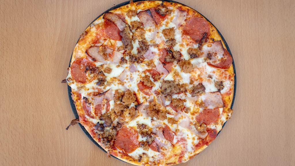 Cauliflower All Meat Pizza · Beef, pepperoni, Italian sausage, Canadian bacon, and our premium mozzarella cheese.