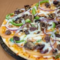 Cauliflower Veggie Pizza · Mozzarella, green peppers, onions, black olives, & mushrooms.