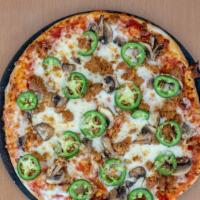 Cauliflower Sausage & Jalapeño Pizza · Sausage, jalapeño, fresh basil, wild mushrooms, tomato sauce, and our premium mozzarella che...