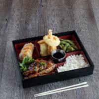 Chicken Teriyaki Bento Box · Bento box includes 4 pieces of the deep-fried tiger roll, edamame, 1 shrimp tempura, and 4 v...