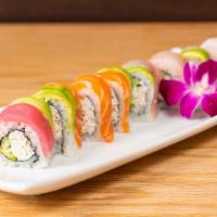 Rainbow Roll · california roll topped with tuna, salmon, snapper, yellowtail.