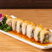Hungry Roll · albacore tuna, cilantro, avocado topped with tuna escolar, japanese mustard dressing, garlic...