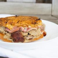 Mediadia · Cuban pulled pork, Ham I am, Italiano Bacon, with Swiss, provolone, mayo, and beer mustard o...