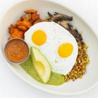 Sunrise Bowl*, Veg · organic sunny side up eggs, ancient grains, sweet potato, grilled portobello, avocado, hemp ...