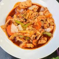 Spicy Stir Fry · Sliced bamboo shoots, water chestnuts, celery stir fried in a spicy red sauce