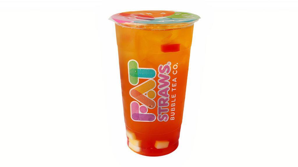 Lg Passion Fruit Jasmine Tea-D · Passion Fruit juice infused green tea. Sweet and tart. (Picture shown with optional boba/jellies.)