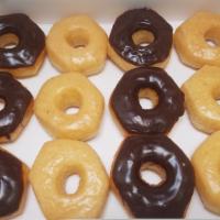 Dozen (Half Glazed + Half Choco) Donuts · Six Glazed Donuts + Six Choco Donuts.