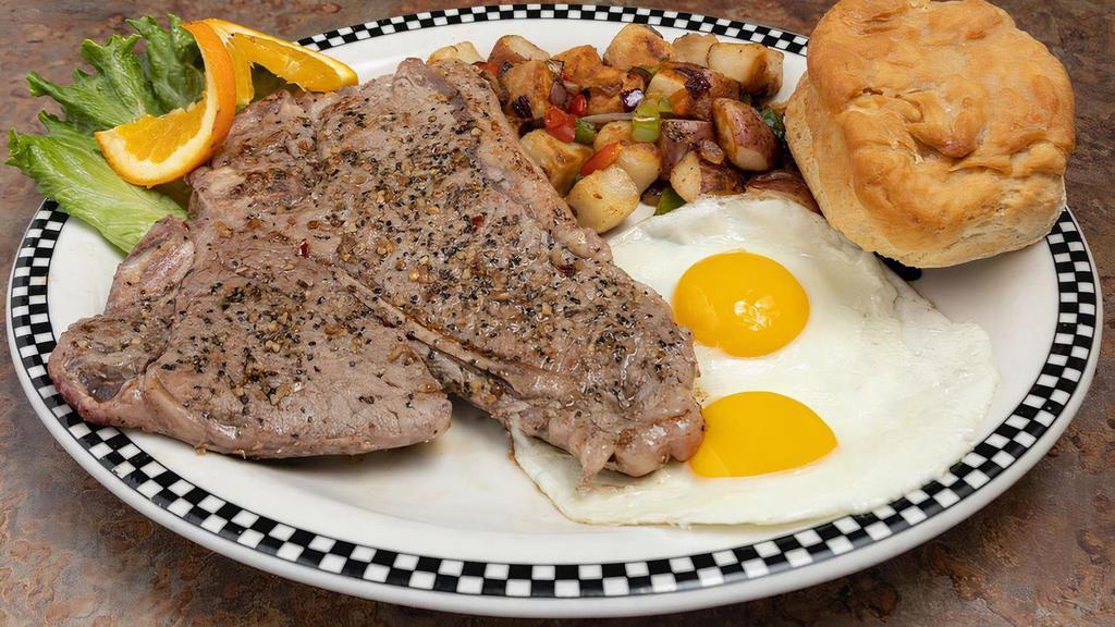 14 Oz Usda Choice Porterhouse Steak & Eggs · Our classic breakfast with a 14 oz USDA Choice Porterhouse steak, two eggs cooked to order, served with a housemade biscuit and your choice of country potatoes, strip-cut hash browns, fresh fruit or grits..