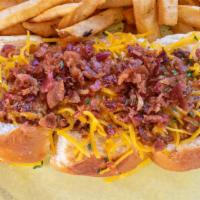 Chili Cheese Bacon Classic Dog W/ Fries · Classic! Chili, bacon and shredded cheese.