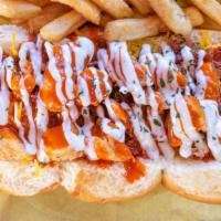 Buffalo Bacon Ranch Chicken Dog W/Fries · Buffalo and ranch, Cheddar cheese with chicken.