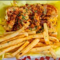 Chicken Bacon Parmesan Dog W/Fries · Garlic Parmesan sauce, shredded cheese, bacon with chicken.