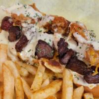 Steak & Fried Shrimp With Secret Yum Yum Club Sauce! Dog W/Fries · Sweet and tangy secret club sauce, Cheddar cheese, shrimp and steak.