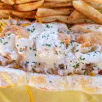 Garlic Butter Crab & Fried Shrimp Dog W/Fries · Garlic butter sauce, Cheddar cheese, shrimp and real crab.