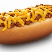 Chili Cheese Coney Premium Beef Hot Dog · Made with 100% pure beef.