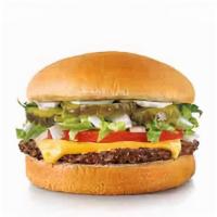 Jr Deluxe Cheeseburger · A juicy, 100% pure beef patty, and crinkle-cut pickles with your choice of mustard, mayo or ...