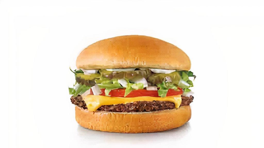 Jr Deluxe Cheeseburger · A juicy, 100% pure beef patty, and crinkle-cut pickles with your choice of mustard, mayo or ketchup.