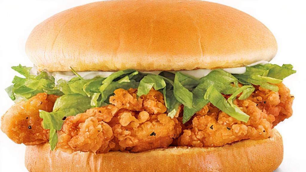Chicken Tender Sandwich · Two tender, juicy all white meat chicken strips topped with fresh shredded lettuce and creamy mayo.