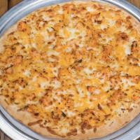 Buffalo Chicken Pizza · Chicken marinated in a spicy hot sauce and topped with smoked provolone and cheddar cheese, ...