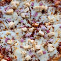 Bbq Chicken Pizza · Mesquite flavored BBQ sauce, smoked provolone, cheddar cheese and chicken breast with red on...