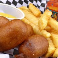 Mini Corn Dog Kiddo Meal · Battered and deep-fried sausage. Comes with fries and drink.
