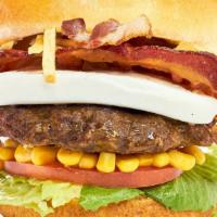 De Mano Burger · De mano cheese, bacon, potato sticks, sweet corn, lettuce and tomato