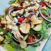New Apple Pecan · premium chicken / spring mix / candied pecans / dried apple crisps / blue cheese crumbles / ...