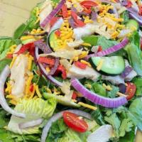 New Southwest · premium chicken / spring mix / tortilla strips / cheddar / tomatoes / red onions / cucumber ...