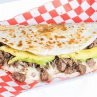 Quesadilla De Bistec (Beef Steak) · A regular size flour tortilla filled with beef steak, avocado and melted white cheese. Side ...
